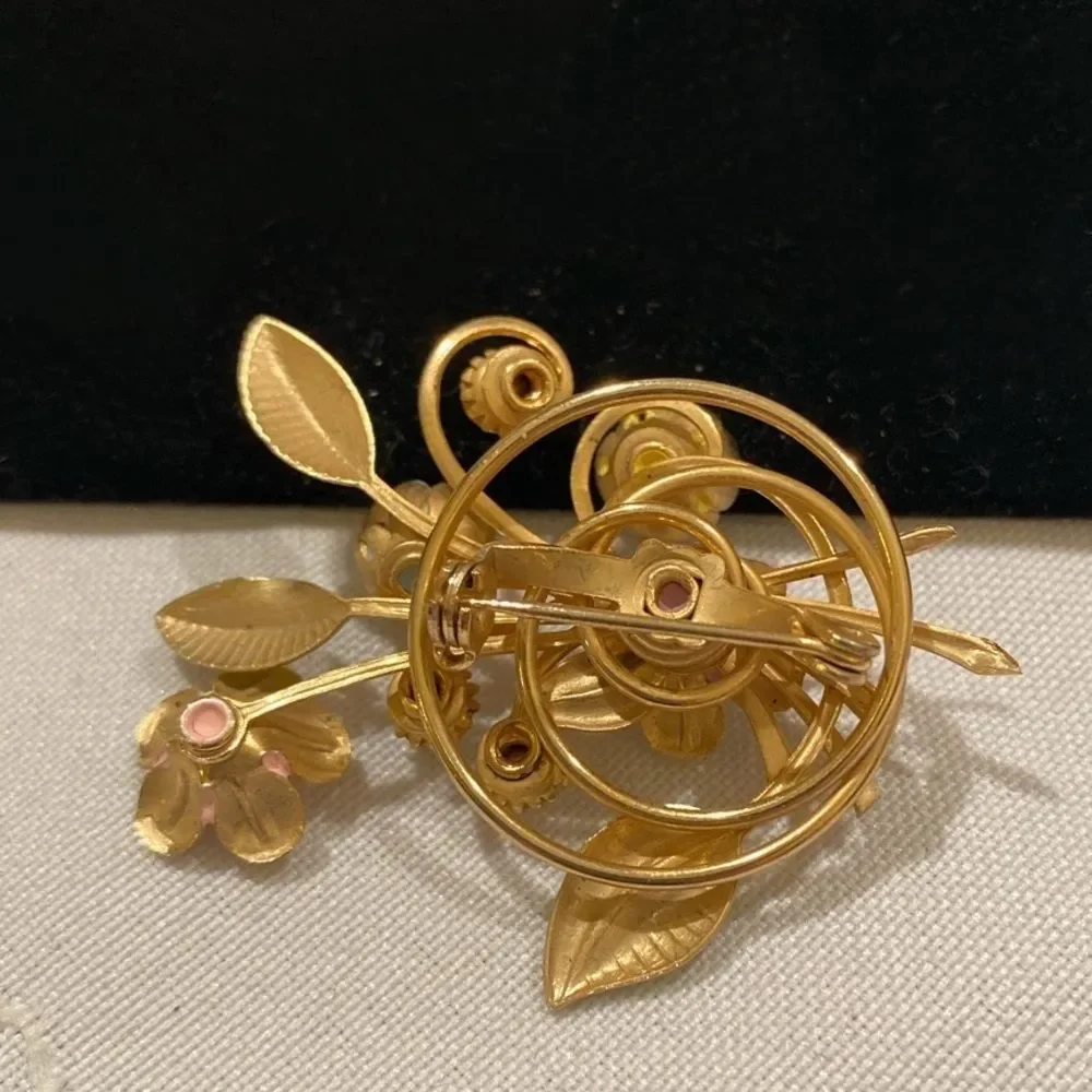 Vintage Gold Enamel And Pearl Flower Spray Brooch